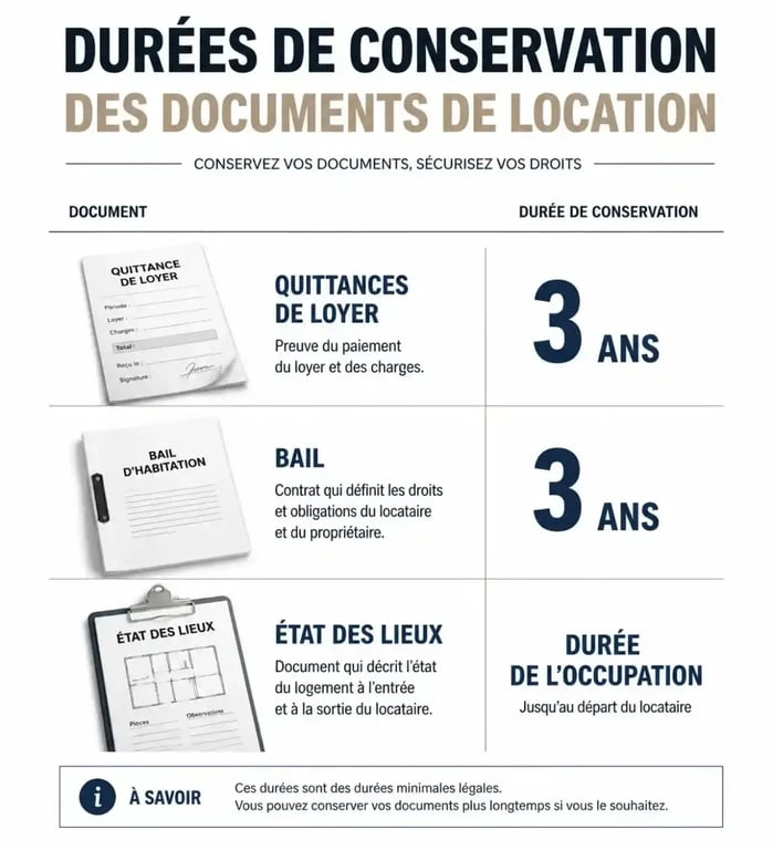 Infographie des durées de conservation des documents de location HLM : combien de temps garder ses quittances de loyer