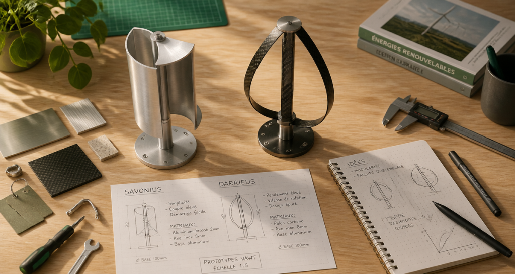maquettes éolienne verticale Savonius et Darrieus sur bureau