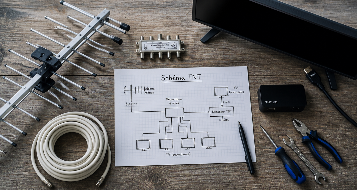 schéma branchement tnt tv flat-lay table