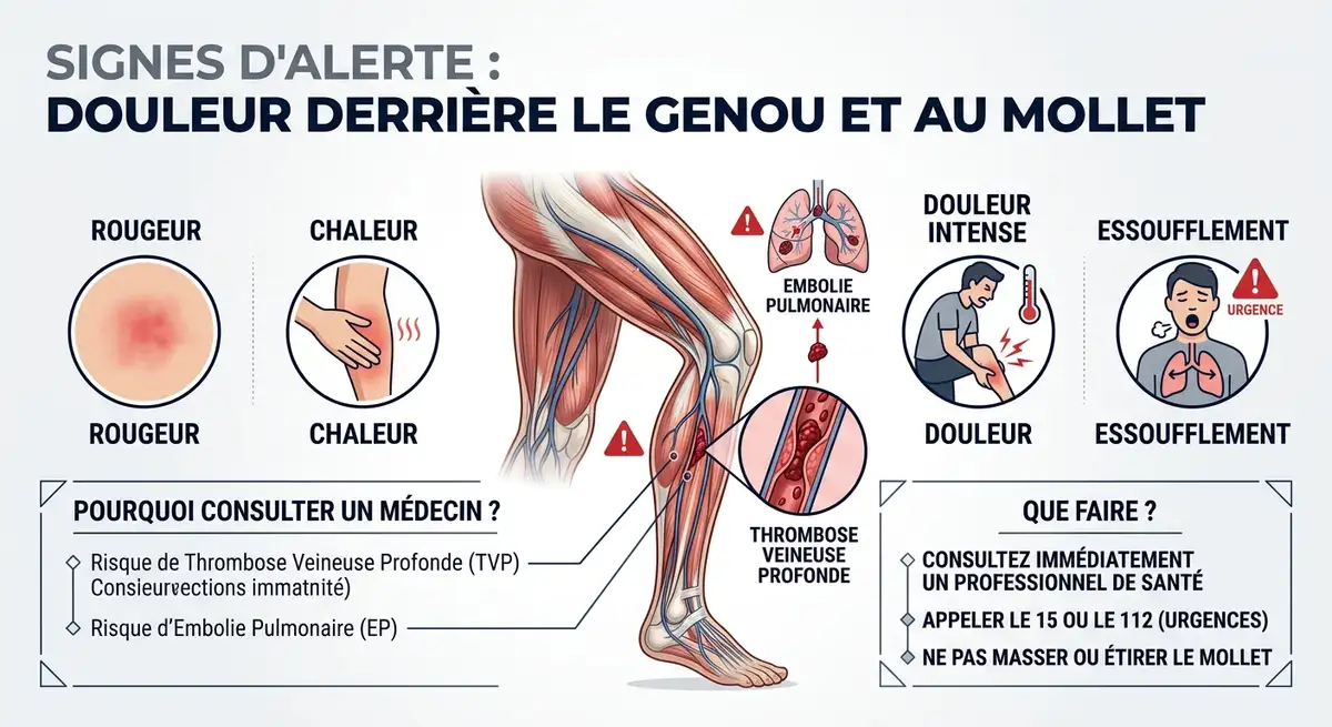 Infographie des signes d'alerte médicale pour les douleurs derrière le genou et au mollet