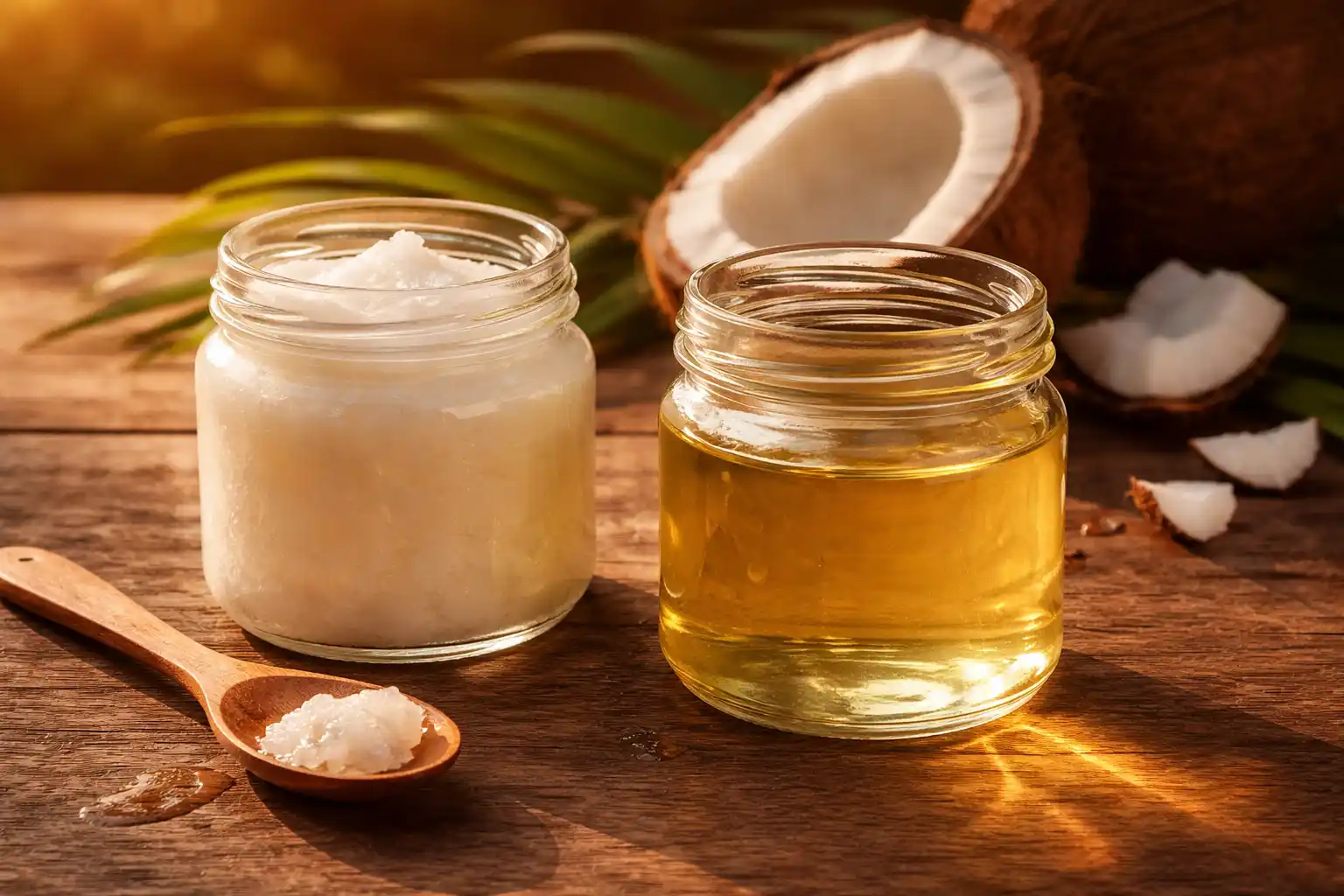 huile de noix de coco vierge et raffinée sur table