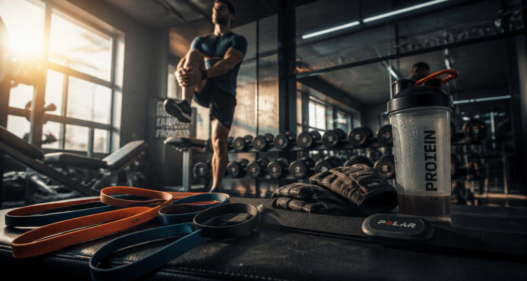 accessoires de sport sur banc en salle