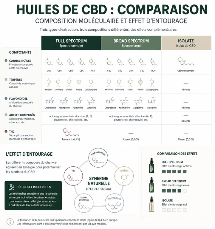 Infographie comparative des types d'huile CBD : Full Spectrum, Broad Spectrum et Isolate pour choisir la meilleure huile CBD.