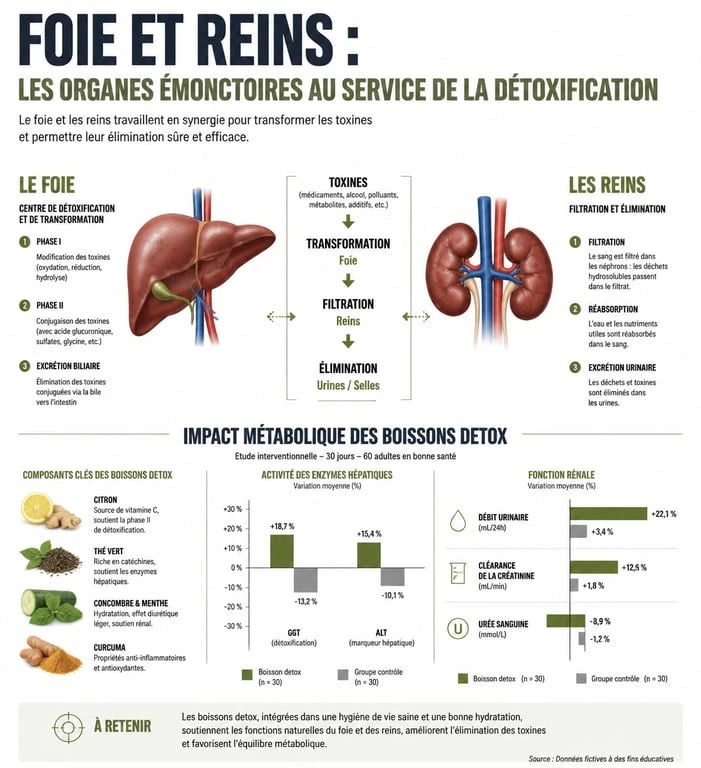 Infographie sur les bienfaits des boissons detox pour maigrir et le fonctionnement des organes émonctoires