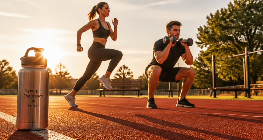 Homme et femme jogging et musculation sur piste au coucher du soleil