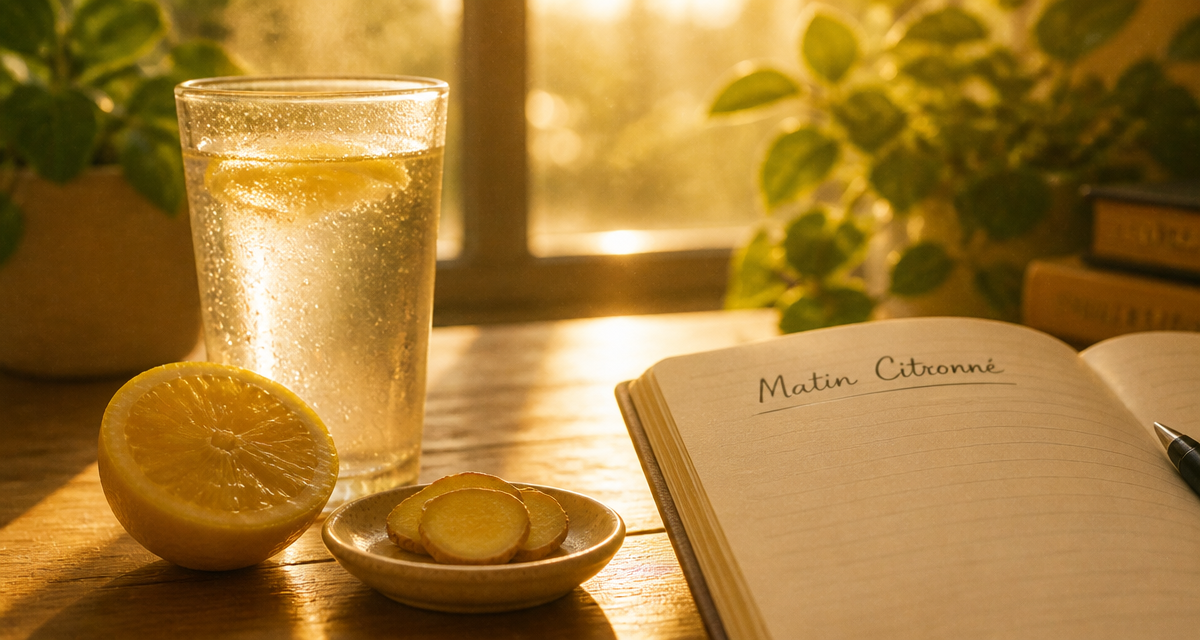 Verre de jus de citron matin a jeun sur table