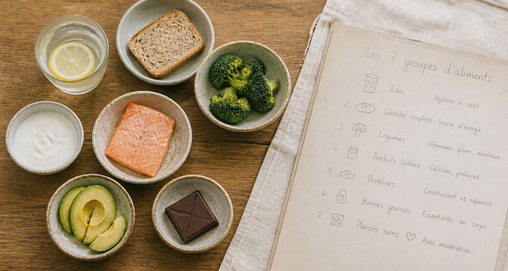 les 7 groupes d aliments tableau sur table avec bols
