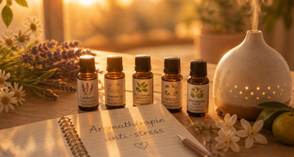 quelle huile essentielle pour le stress et l'anxiété flacons et diffuseur
