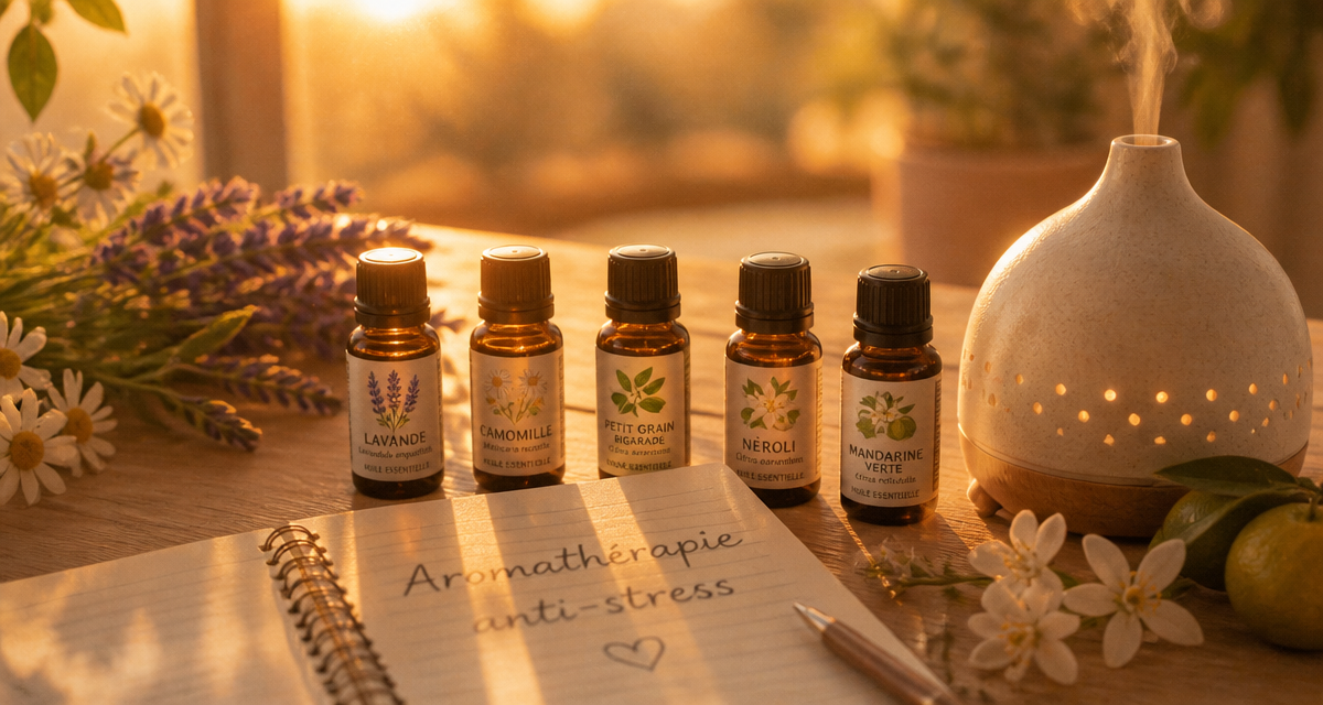 quelle huile essentielle pour le stress et l'anxiété flacons et diffuseur