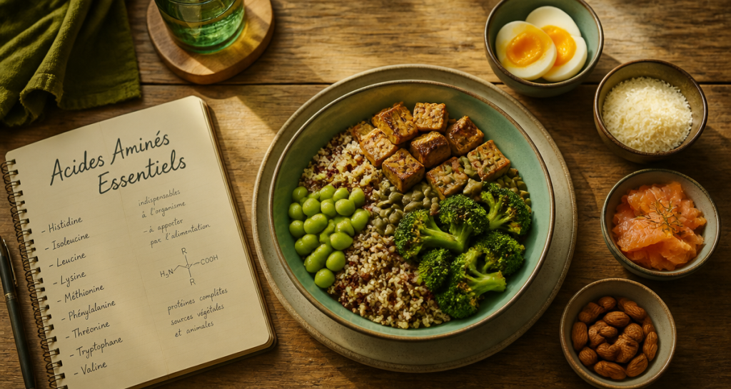 aliments et acides amines dans une assiette colorée