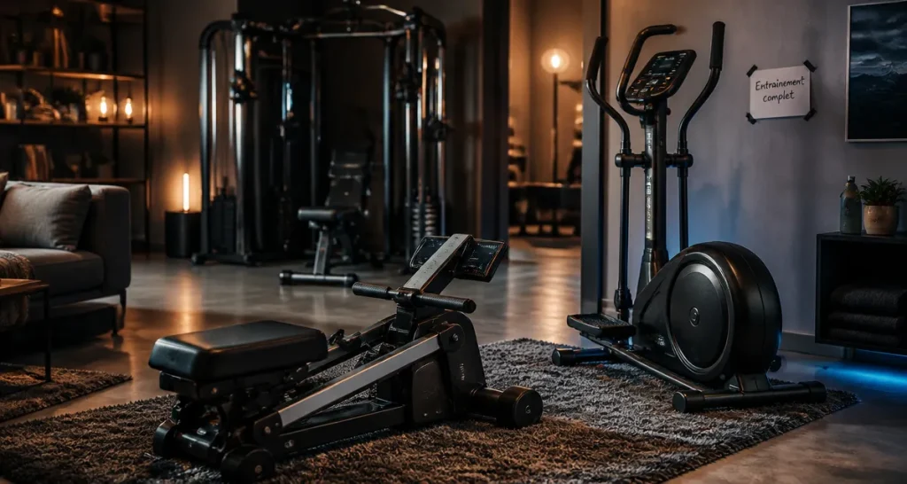 Appareil de sport qui fait travailler tout le corps : rameur, vélo elliptique et homegym