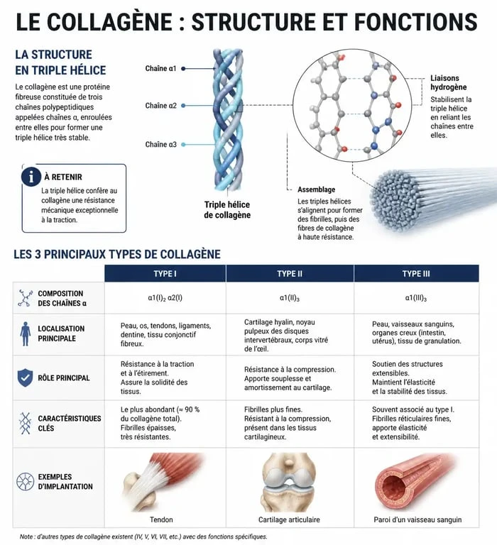 Infographie sur les types de collagène et leur rôle dans le corps humain pour comprendre c est quoi le collagene