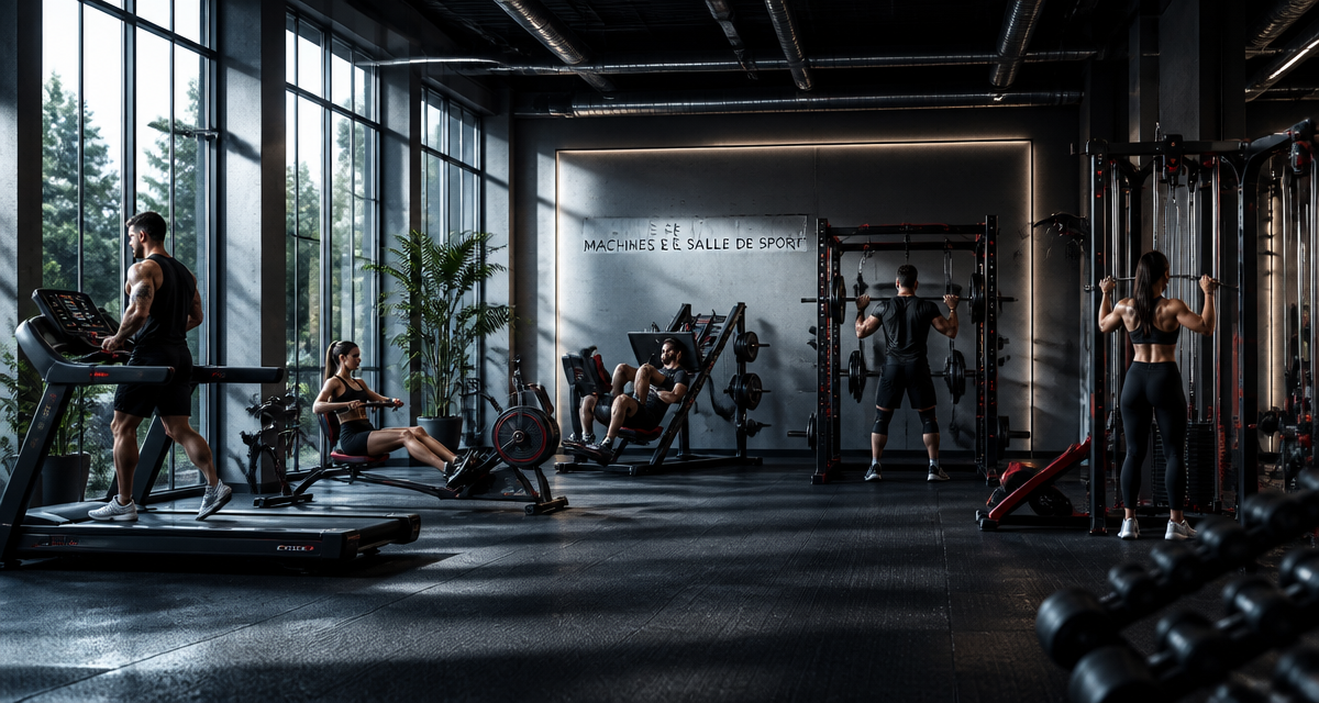 Machines de salle de sport alignées avec sportifs