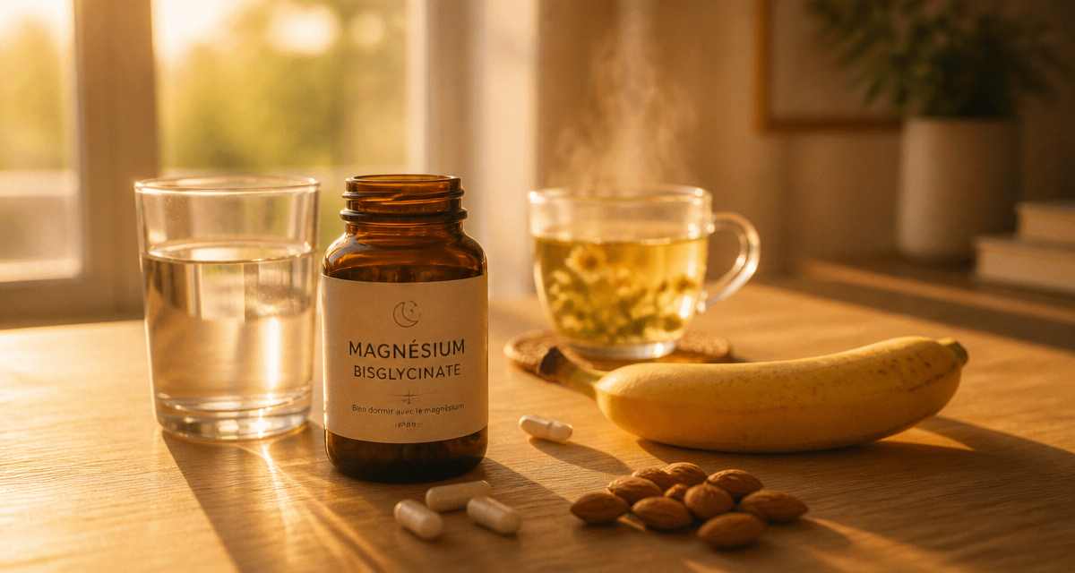 quel magnesium pour le sommeil flacon bisglycinate verre banane amandes