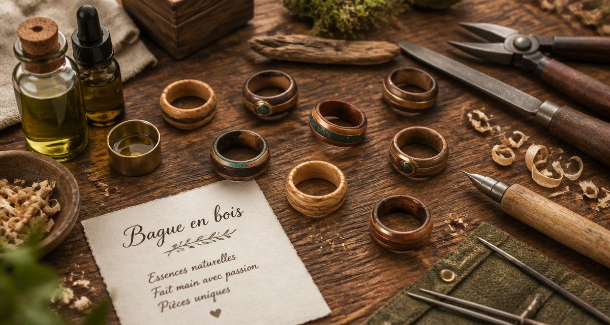 bague en bois artisanale sur table en bois