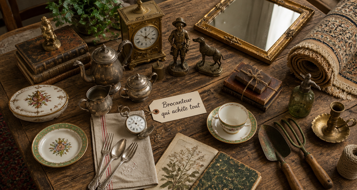 brocanteur qui achète tout table objets anciens