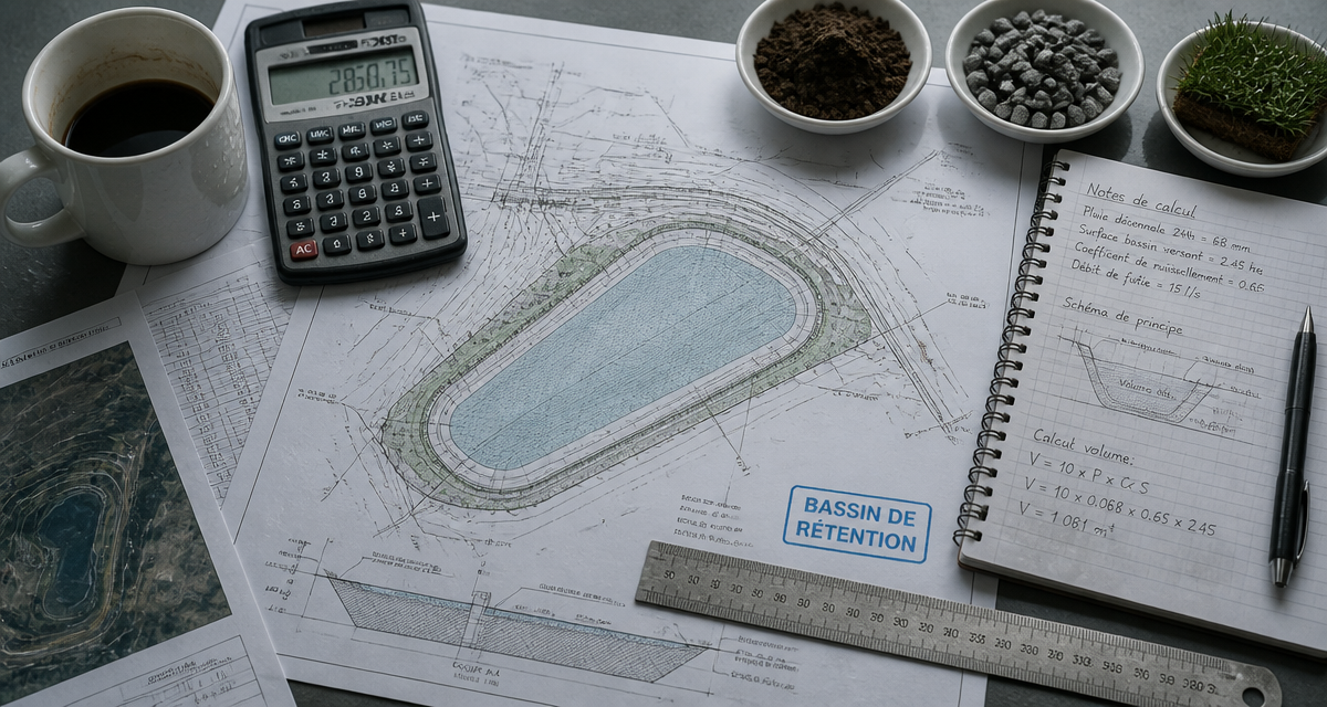plan technique bassin de rétention sur bureau d’ingénieur