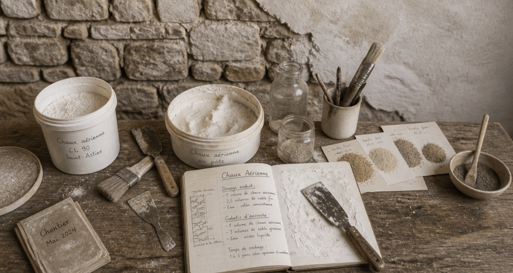 chaux aérienne pots outils carnet atelier