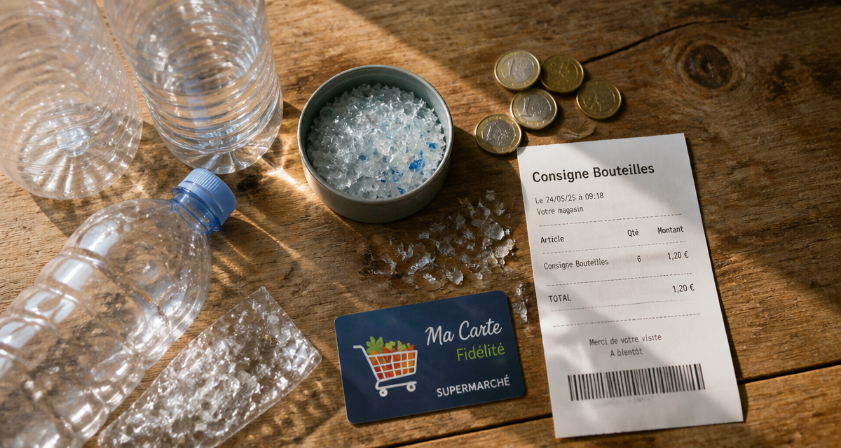 Consigne bouteille plastique ticket et pièces sur table