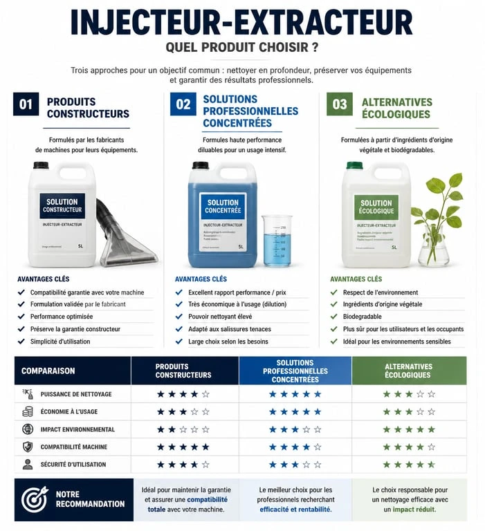 Comparatif des types de produits pour injecteur-extracteur : constructeur, professionnel et écologique