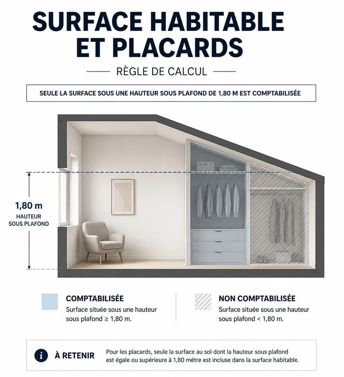 Infographie explicative sur le calcul de la surface habitable et l'inclusion des placards selon la loi
