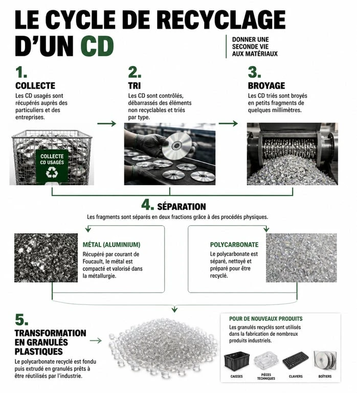 Infographie du cycle de recyclage des CD et DVD pour une gestion écologique des déchets