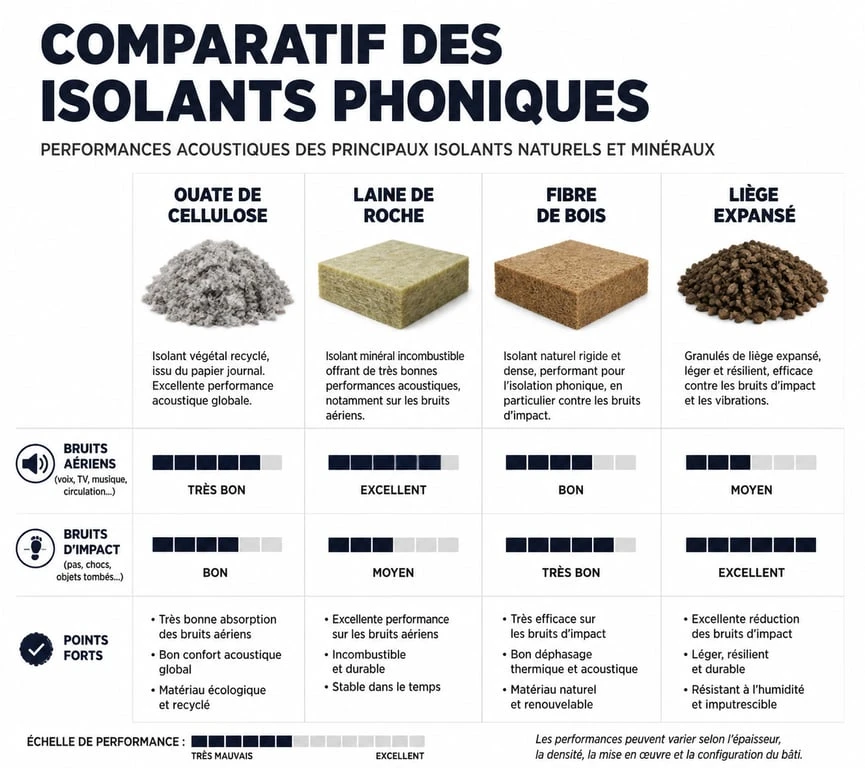 Comparatif des meilleurs isolants phoniques : ouate de cellulose, laine de roche, fibre de bois et liège pour une isolation acoustique efficace.