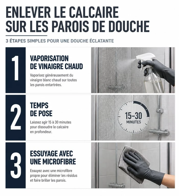 Infographie des étapes pour enlever le calcaire sur les parois de douche efficacement