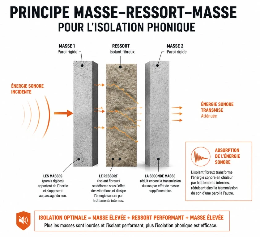 Schéma explicatif du principe masse-ressort-masse pour isoler phoniquement une pièce