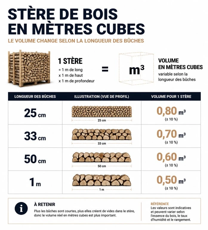 Tableau de conversion du stère de bois en mètres cubes selon la longueur des bûches