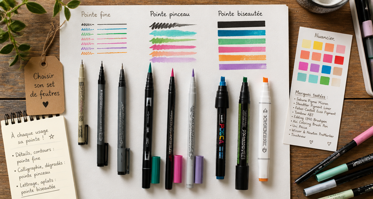 feutres pointe fine et biseautée sur bureau artiste