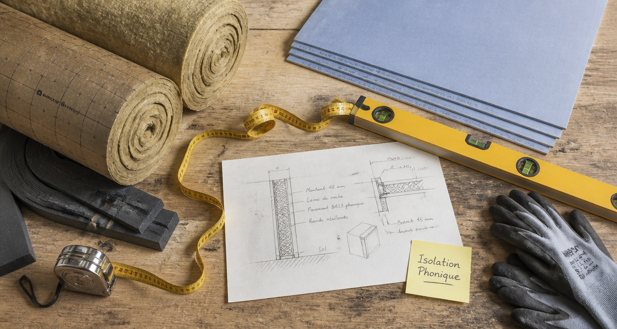 isoler phoniquement une pièce matériaux sur table de bricolage
