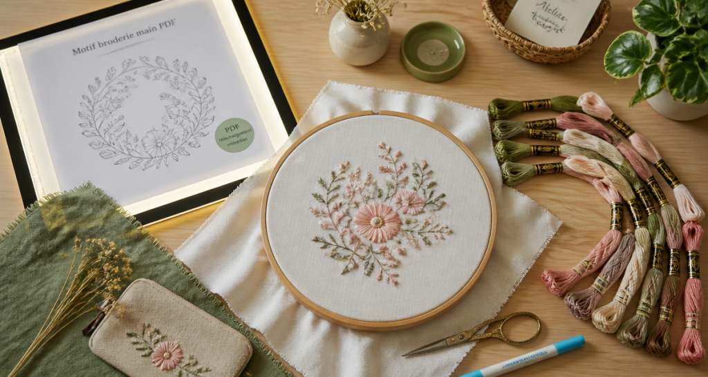 motif broderie main gratuit pdf tambour à broder et fils