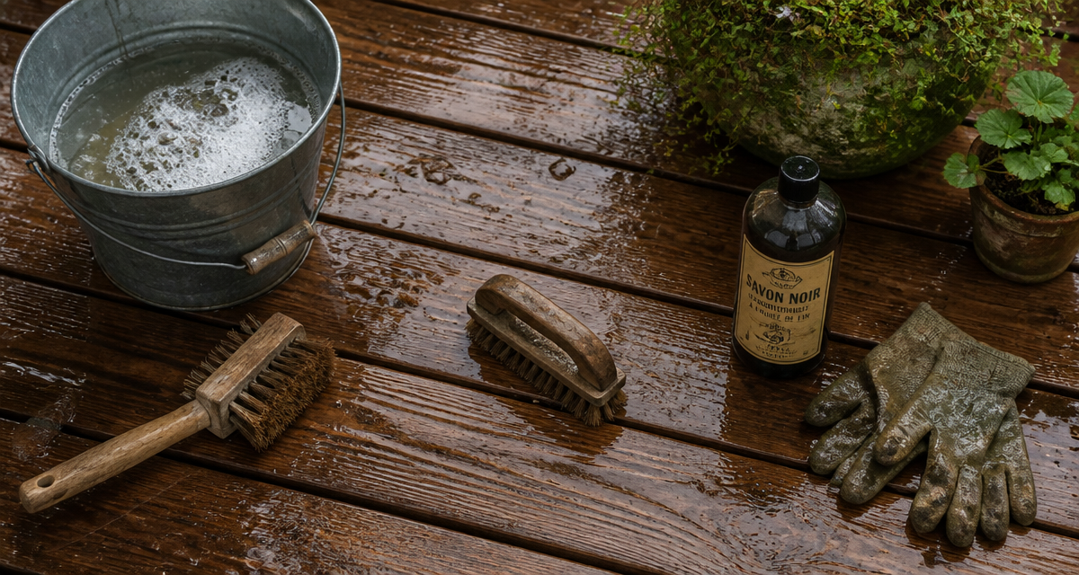 nettoyage terrasse bois savon noir brosses seau