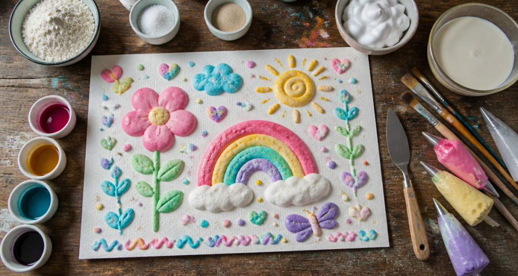 Peinture gonflante en relief sur papier avec ingrédients