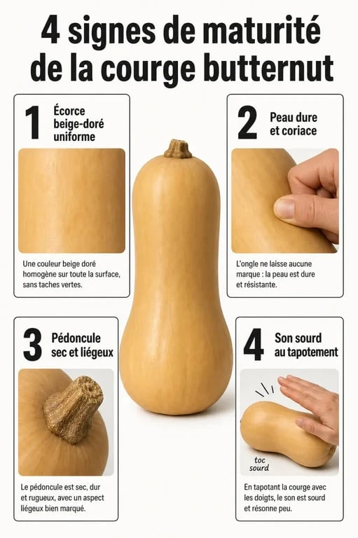 Infographie illustrant les signes de maturité pour savoir quand cueillir les butternut au potager