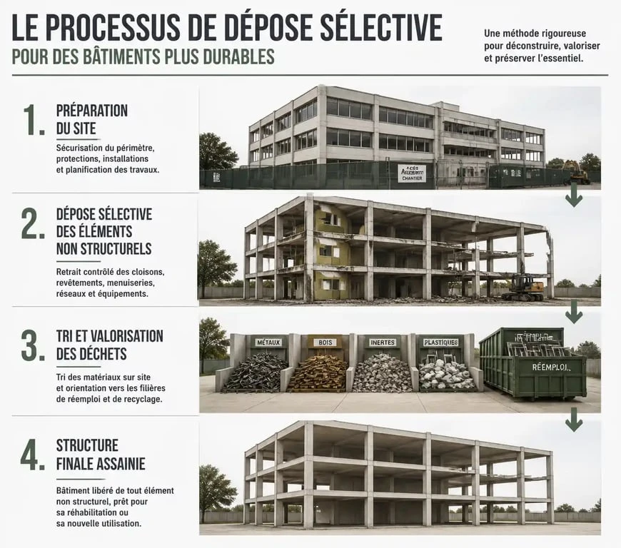 Infographie des étapes du curage de bâtiment : préparation, dépose sélective, tri des déchets et structure mise à nu