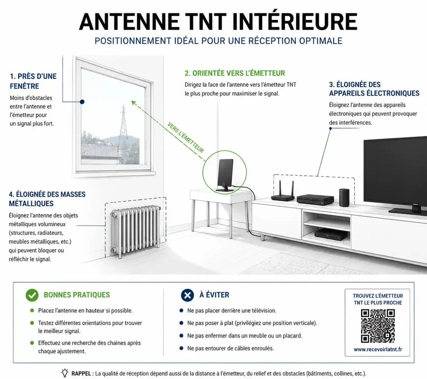 Schéma de positionnement idéal pour une antenne TNT en intérieur pour une réception difficile