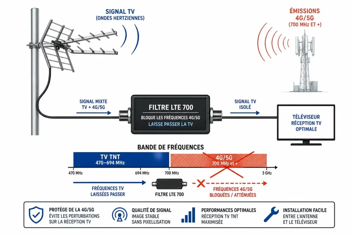 Schéma explicatif du fonctionnement d'une antenne râteau avec filtre LTE 700 pour la réception TNT