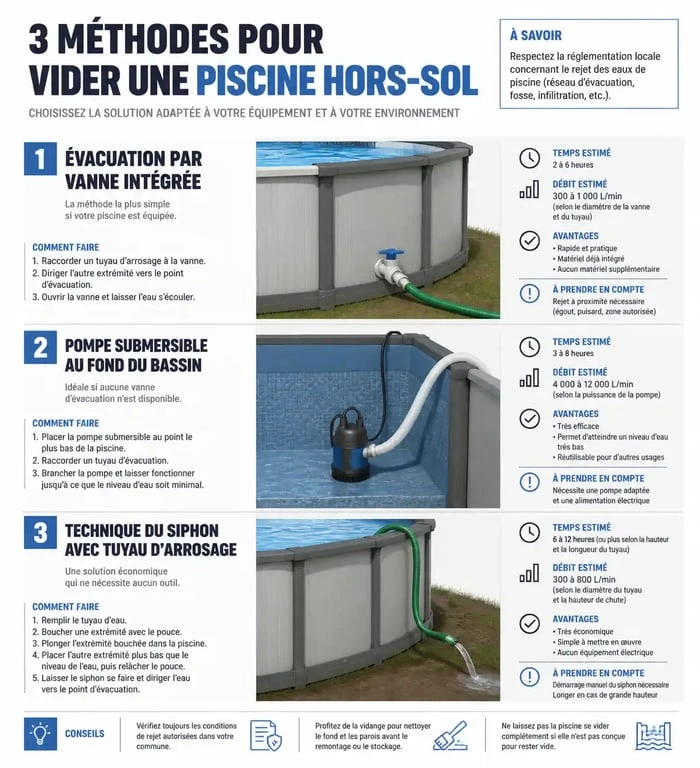 Schéma des trois méthodes pour vidanger une piscine Intex : vanne, pompe et siphon