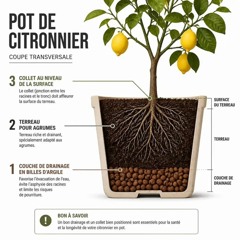 Schéma explicatif du rempotage d'un citronnier : positionnement du collet et drainage