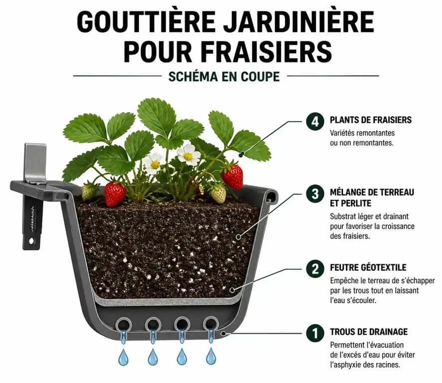 Schéma technique de plantation de fraisiers dans une gouttière