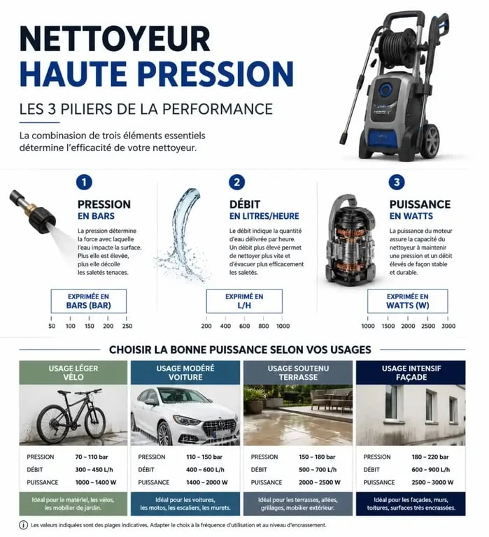 Infographie technique sur la puissance idéale pour un nettoyeur haute pression Karcher selon l'usage
