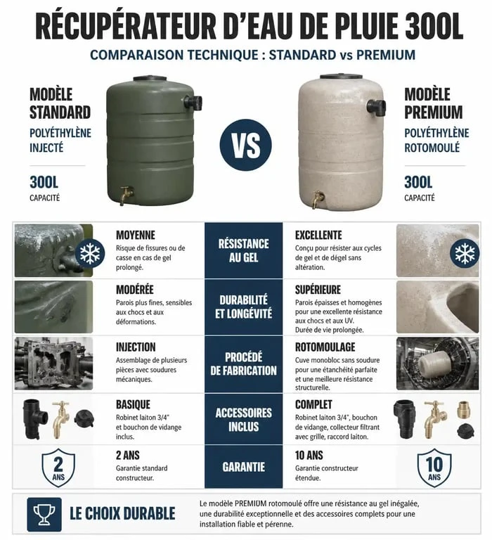 Comparatif technique entre récupérateur d'eau de pluie 300L standard et premium