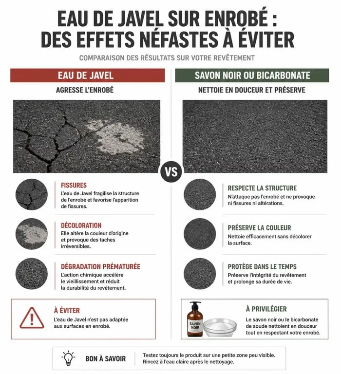 Comparatif des effets de l'eau de Javel et des alternatives écologiques sur le nettoyage d'un enrobé