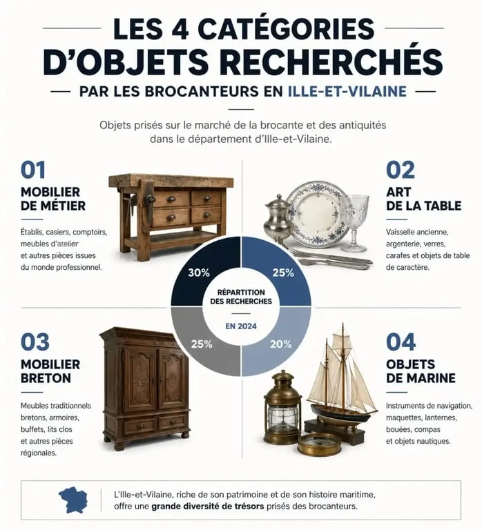 Infographie des objets recherchés par les brocanteurs 35 : mobilier de métier, céramique, meubles bretons et objets de marine.