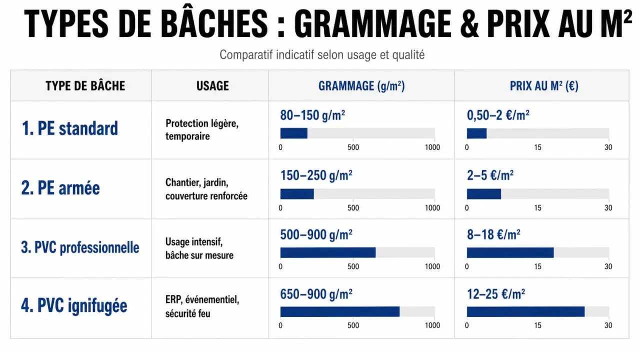 Comparatif des prix et grammages des bâches de protection : PE vs PVC