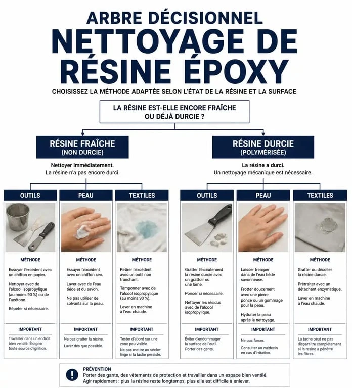 Infographie décisionnelle pour le nettoyage de la résine époxy selon l'état et le support
