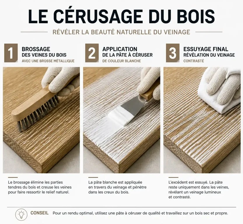 Étapes de la technique de cérusage du bois : brossage, application de la pâte et résultat final