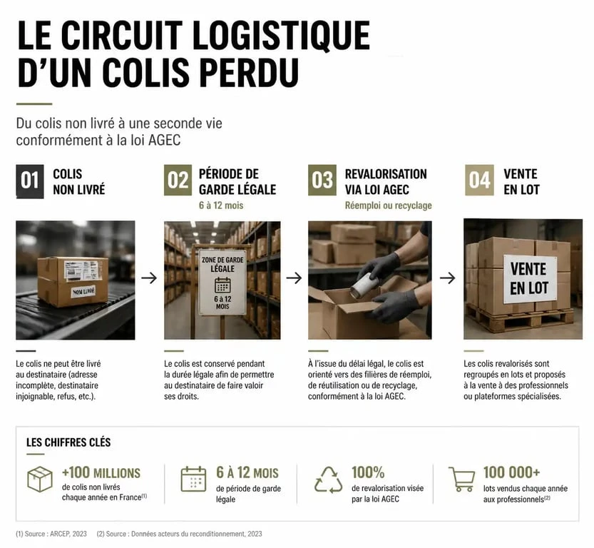 Infographie expliquant le circuit de destockage des colis perdus et la loi AGEC